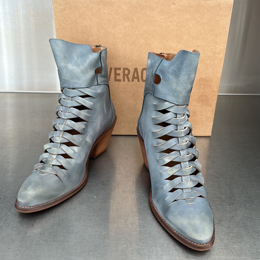 Vera Cruz “Jazina Boots” in denim blue leather. New in original box!